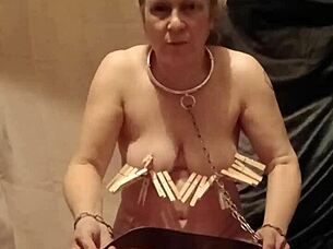 french milf slave in outdoor bondage slaps dildo for humiliation orgasm