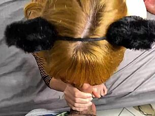 slender brazilian redhead in fishnets takes cock and craves cum in mouth