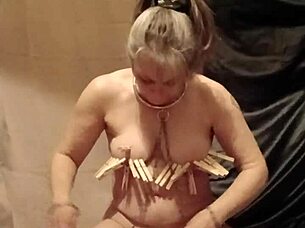 french milf slave in outdoor bondage slaps dildo for humiliation orgasm