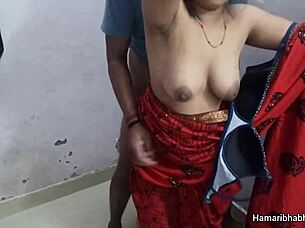 hey, this indian aunty gets closeup action in sexy red saree