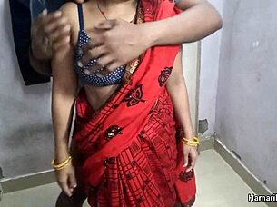 hey, this indian aunty gets closeup action in sexy red saree