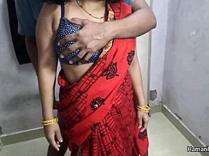 hey, this indian aunty gets closeup action in sexy red saree