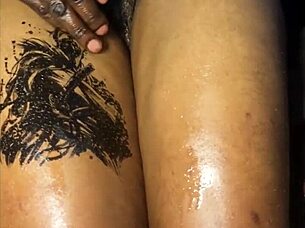 In the bedroom, this ebony girlfriend gets a thigh fuck with intense handjob and fingering. She screams from the passionate amateur action on the bed.