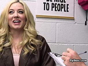 Blonde amateur teen strips tiny bikini at office and pays with tight juicy pussy