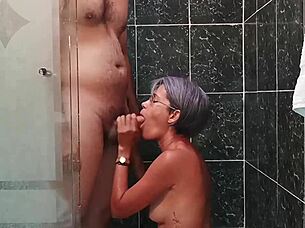 Milf craves quickie in bath with bent over doggystyle and creampie finish.