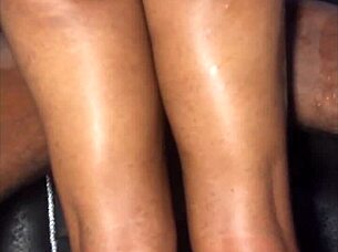 In the bedroom, this ebony girlfriend gets a thigh fuck with intense handjob and fingering. She screams from the passionate amateur action on the bed.