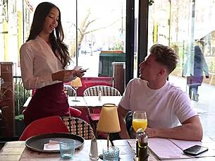 Flirtatious Waitress Lia Lin Enjoys First Date Action