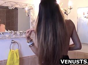 oh wow, mesmerizing asian shemale venus luxx getting ready for night out, but gotta jerk off her big cock first, ya know?