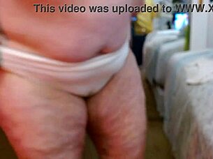 Curvy mature with big natural tits and hairy pussy teases in retro white panties