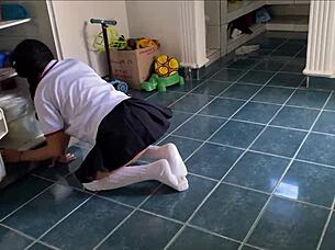 Perverted Stepfather Finds Schoolgirl In Uniform On All Fours In Kitchen And Pounds Shaved Pussy Until Covering In Cum