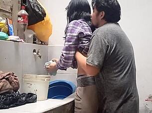 My husband shows up at the laundromat and loses control to fuck me doggystyle with wet pussy licking.