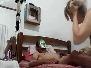 Amateur milf bitch eagerly sucking off masked stranger in intense session