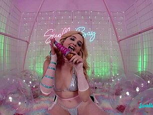 Blonde teen rides and swallows big cock in tight shaved pussy action.