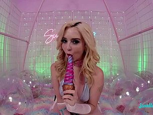 Blonde teen rides and swallows big cock in tight shaved pussy action.