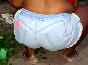 Big ass neighbor cleans the yard in casual morning routine