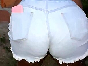 Big ass neighbor cleans the yard in casual morning routine