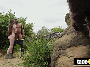 whoa, check out this busty young babe taking massive bbc deep in the forest outdoors