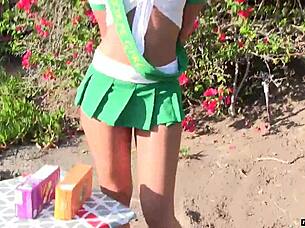 horny scout girl liza rowe rides vibrator then gets fucked and sucked in bedroom doggystyle