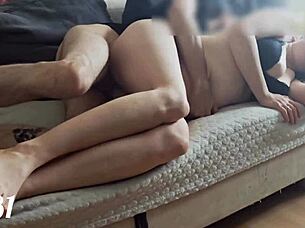 Whoa, that redhead babe with natural tits gets her ass fucked doggystyle by amateur couple, balls rattling hard 😈🍑