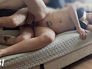 Whoa, that redhead babe with natural tits gets her ass fucked doggystyle by amateur couple, balls rattling hard 😈🍑