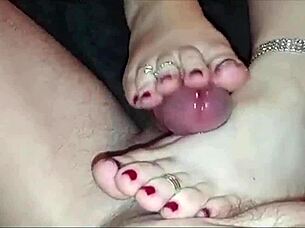 Newly married Indian wife delivers cumshot with intense blowjob and footjob on wedding night