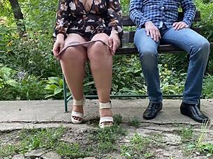 hot nectar drips from her wet pussy right outside in sexy miniskirt flashing