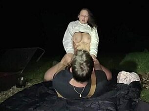 dirty wife enjoys outdoor pussy licking and riding cock during camping adventure