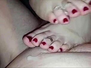 Newly married Indian wife delivers cumshot with intense blowjob and footjob on wedding night