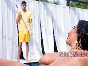 Busty tanned milf rides and fucks scrawny pool cleaner hard!