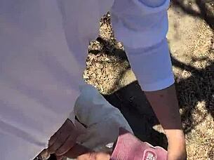 Caught fucking in the forest with big tits milf bent over in doggystyle