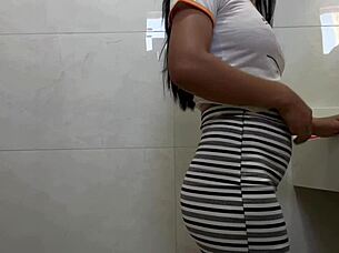 Damn, this skinny Latina hottie takes massive cock deep in her ass in the bathroom full scene!