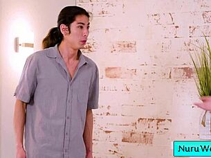 sexy pigtailed blonde masseuse with natural big boobs gives wet nuru massage