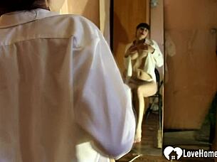 brunette slut fingers small tits in mirror