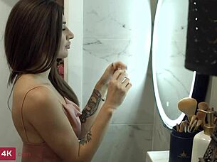 I join slim Megan in hot MMF threesome with anal and cum after her toy masturbation.