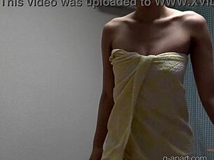 uh akane iruma yeah she strips off her leotard and hits the shower showin those asian tits