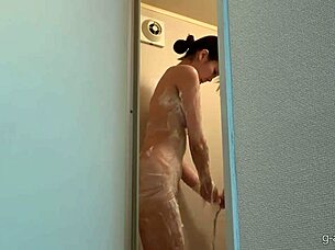 uh akane iruma yeah she strips off her leotard and hits the shower showin those asian tits