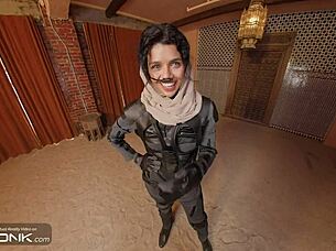 hey check out vr conk with brunette chani riding huge cock in dune cosplay parody