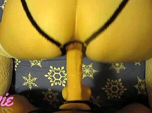 Amateur slut mounts 10 inch dildo doggystyle for intense homemade orgasm.