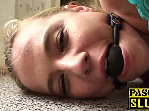 Narrative unfolds with bound participant experiencing intense session.