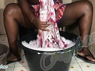 Weekend laundry routine as a shaved milf housewife handling chores