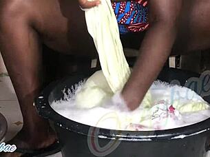 Weekend laundry routine as a shaved milf housewife handling chores