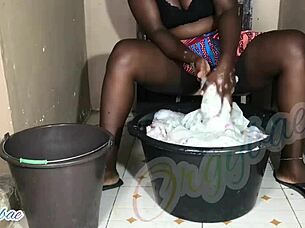 Weekend laundry routine as a shaved milf housewife handling chores