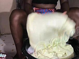 Weekend laundry routine as a shaved milf housewife handling chores