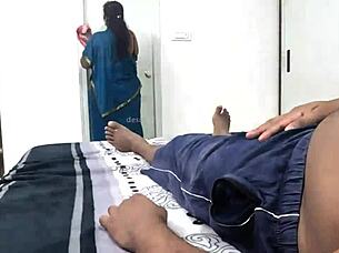 Maid Swasika encounters a bold flashing cock moment during her routine cleaning duties.