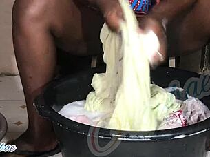 Weekend laundry routine as a shaved milf housewife handling chores