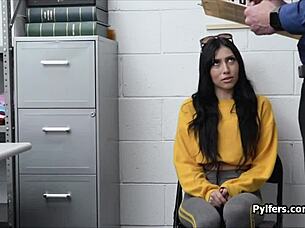 a hidden camera catches brunette giving a nice blowjob after strip search at work with possible more action in office