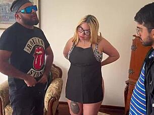 Venezuelan blonde maid with big tits fucked by old guy and his debuting friend?