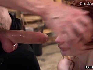 redhead sub bound and gagged for hardcore bdsm anal fuck with monster cock whipping and choking submission