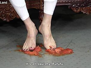 I feel so dominant as japanese mistress crushing food meanly and making slaves lick my feet in group bdsm session