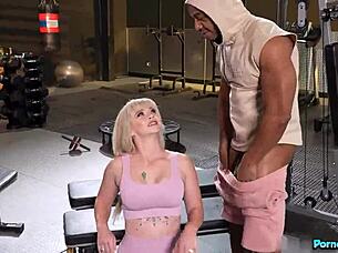 Hey check out blonde milf kay carter cuckolding her hubby with 2 huge black cocks in gym double blowjob and doggystyle 3some